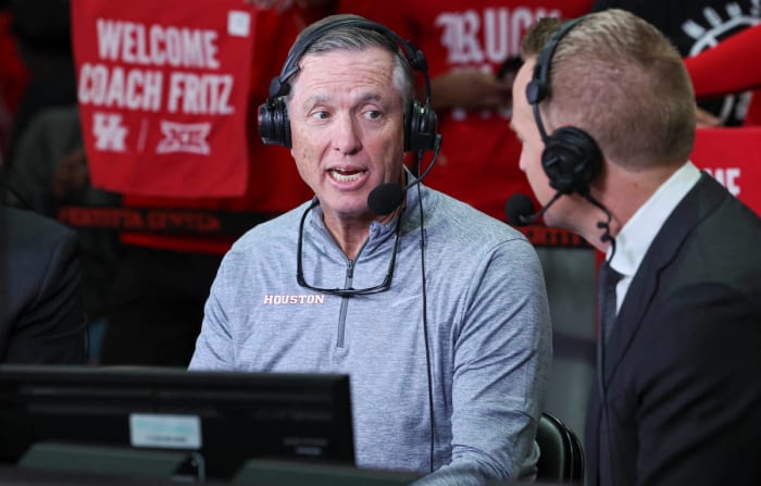 Dec 6, 2023; Houston, Texas, USA; Houston Cougars football head coach Willie Fritz is interviewed during the game against the Rice Owls at Fertitta Center. Mandatory Credit: Troy Taormina-USA TODAY Sports